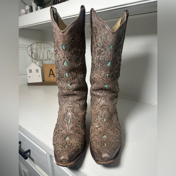 Corral Boots Western Studded Cowboy Women’s 7.5M Turquoise Inlay Leather - Picture 2 of 11